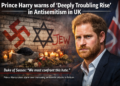 Prince Harry in a navy suit with a serious expression, standing against a blurred British flag backdrop. Beside him, a vandalized wall displays antisemitic graffiti including a swastika and Star of David, with candles and flowers forming a memorial below. This structure ensures the image and text are optimized for search engines while remaining accessible and engaging for readers. Would you like me to also suggest SEO keywords and meta tags to strengthen visibility for this headline?