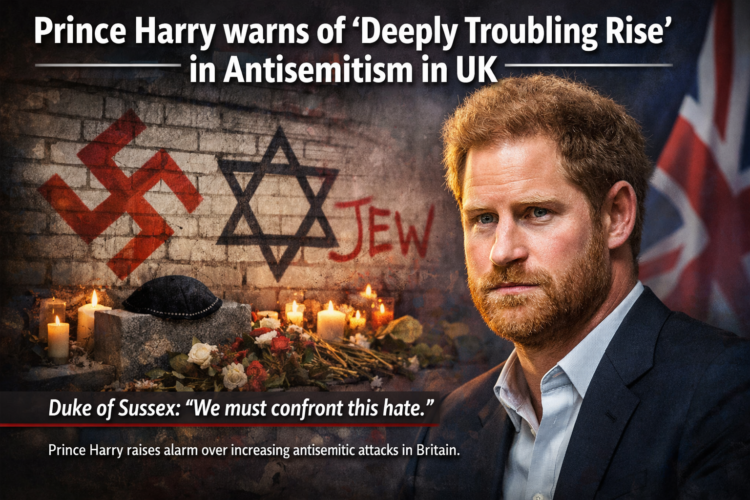 Prince Harry in a navy suit with a serious expression, standing against a blurred British flag backdrop. Beside him, a vandalized wall displays antisemitic graffiti including a swastika and Star of David, with candles and flowers forming a memorial below. This structure ensures the image and text are optimized for search engines while remaining accessible and engaging for readers. Would you like me to also suggest SEO keywords and meta tags to strengthen visibility for this headline?